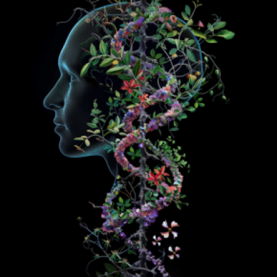 création graphique Midjourney avec molécule d'ADN de laquelle sortent des feuilles