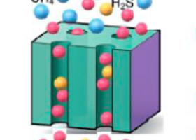 Illustration montrant la séparation sélective des contaminants CO2 et H2S vis-à-vis du gaz naturel CH4