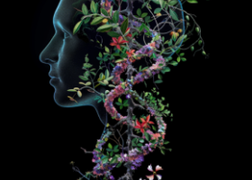 Création midjourney, hélice d'ADN d'où sortent des feuilles et un visage