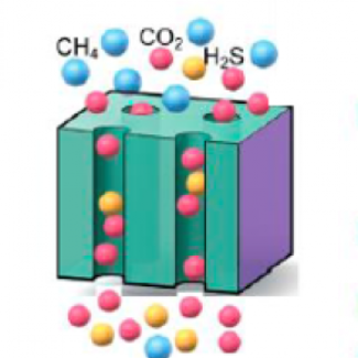 Illustration montrant la séparation sélective des contaminants CO2 et H2S vis-à-vis du gaz naturel CH4