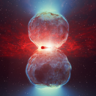 Vue d'artiste du système binaire naine blanche et géante rouge après l'explosion de la nova
