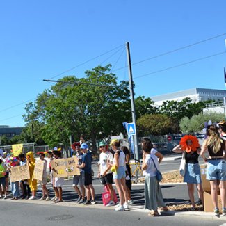 Les spectateurs du Tour de France devant le campus CNRS Route de Mende à Montpellier