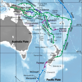 Localisation des zones de subduction qui se sont initiées ou sont en voie d'initiation depuis 65 millions d'années dans le sud-ouest Pacifique.  