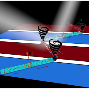Dessin schématisant l’ordre électrique par des bandes bleues et grenat et l’ordre magnétique par des flèches alternées (les spins) 